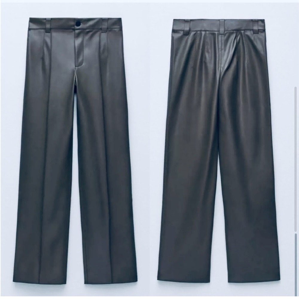 Zara High Rise Vegan Faux Leather Trouser Pants, Black, Size XS